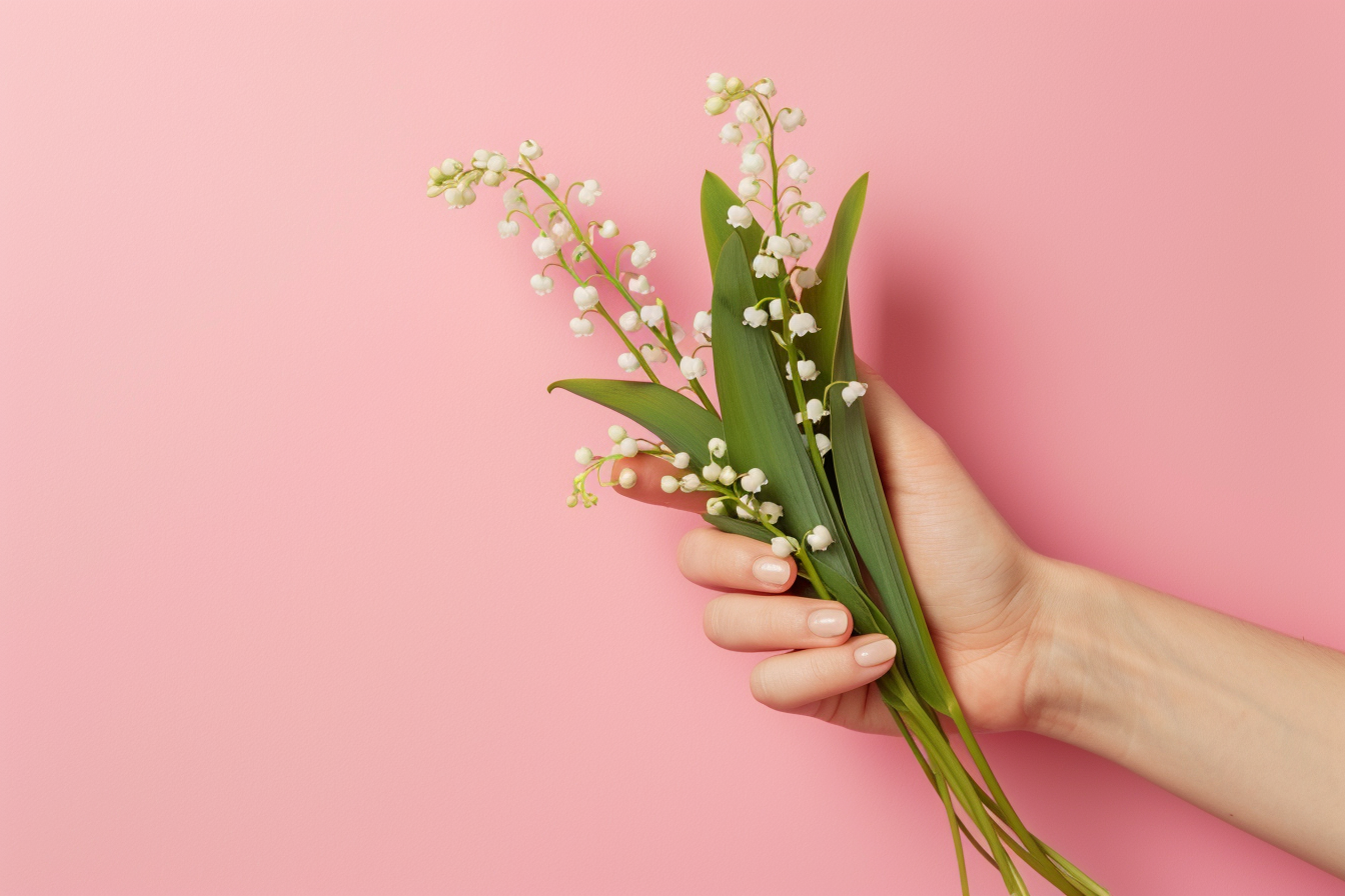 Image gratuite 1er mai, fête travail, main femme tenant muguet fond rose 1