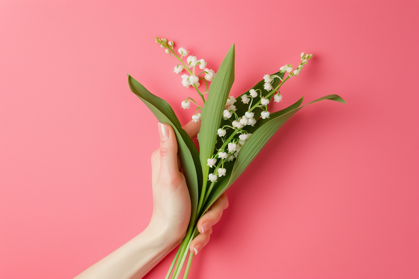 Image gratuite 1er mai, fête travail, main femme tenant muguet fond rose 2