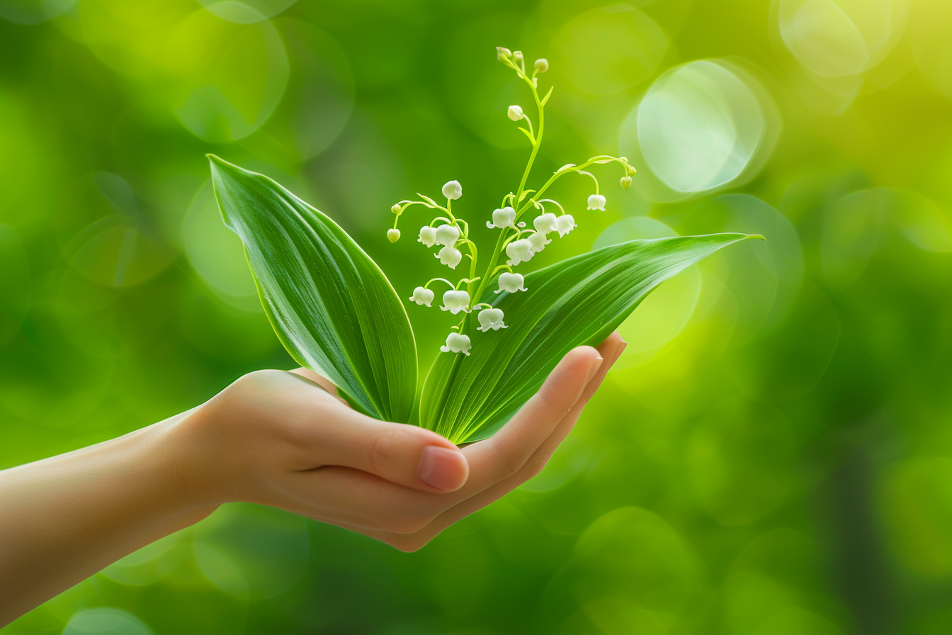 Image gratuite 1er mai, jour Travail, main femme saisit muguet fond vert 1
