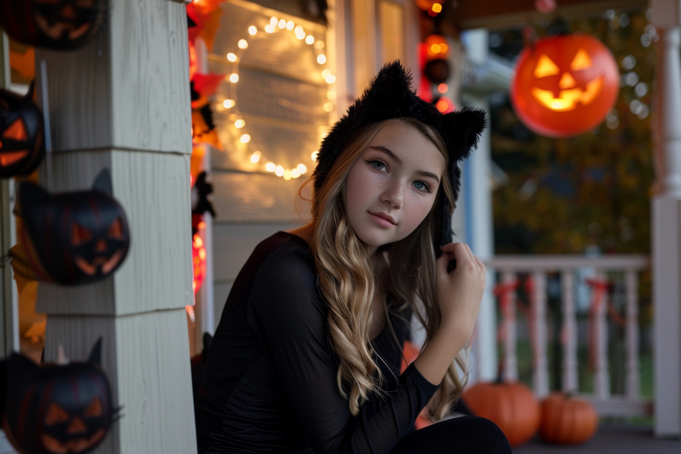 Image gratuite Ado chat noir, porche, décorations, pleine lune 1