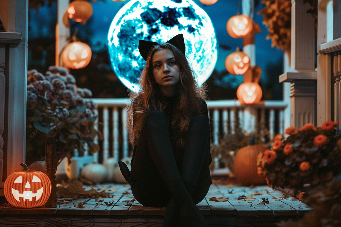 Image gratuite Ado chat noir, porche, décorations, pleine lune 2