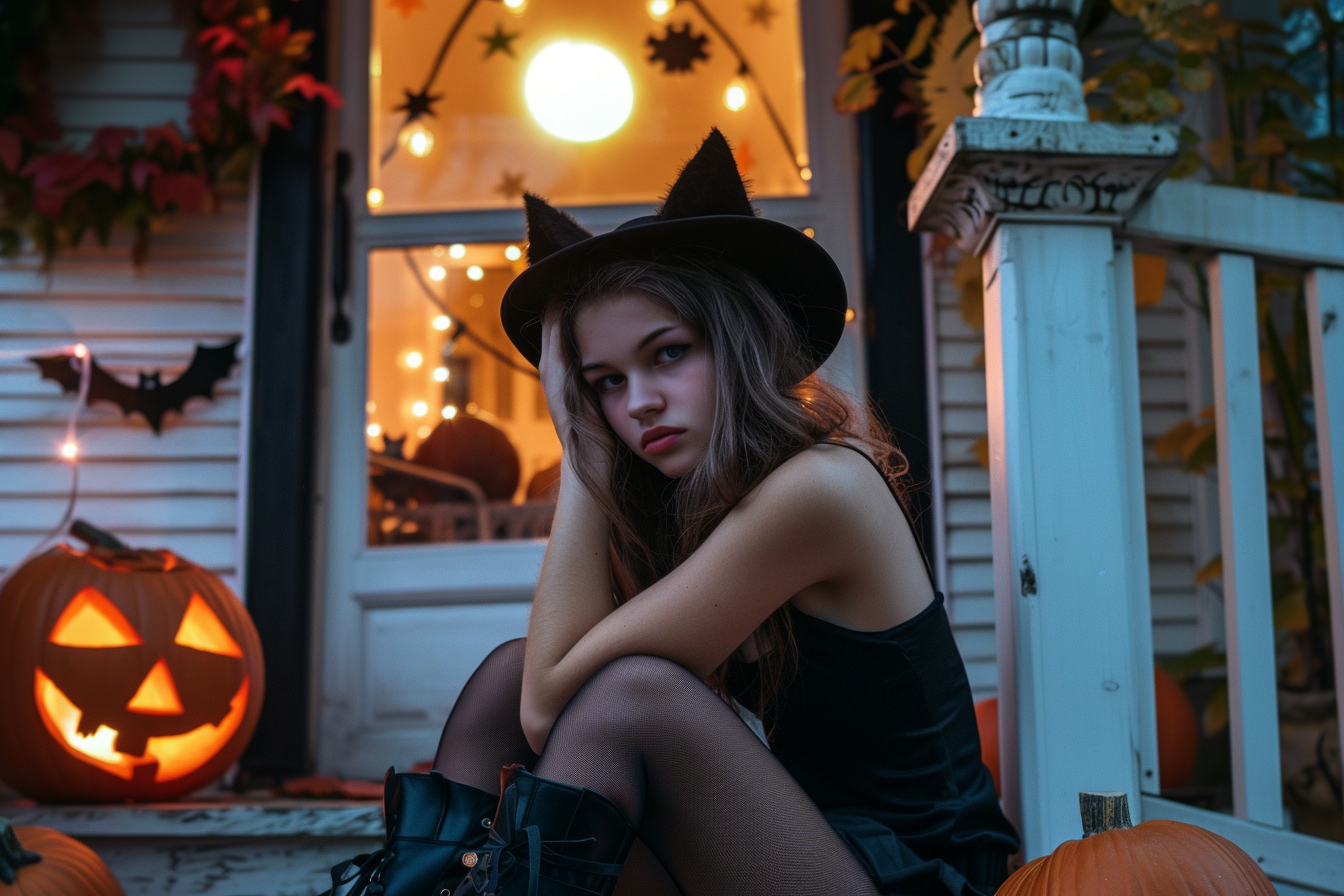 Image gratuite Ado chat noir, porche, décorations, pleine lune 3