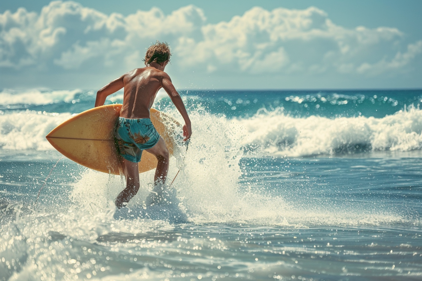 Image gratuite Adolescent courant vers les vagues pour surfer 1