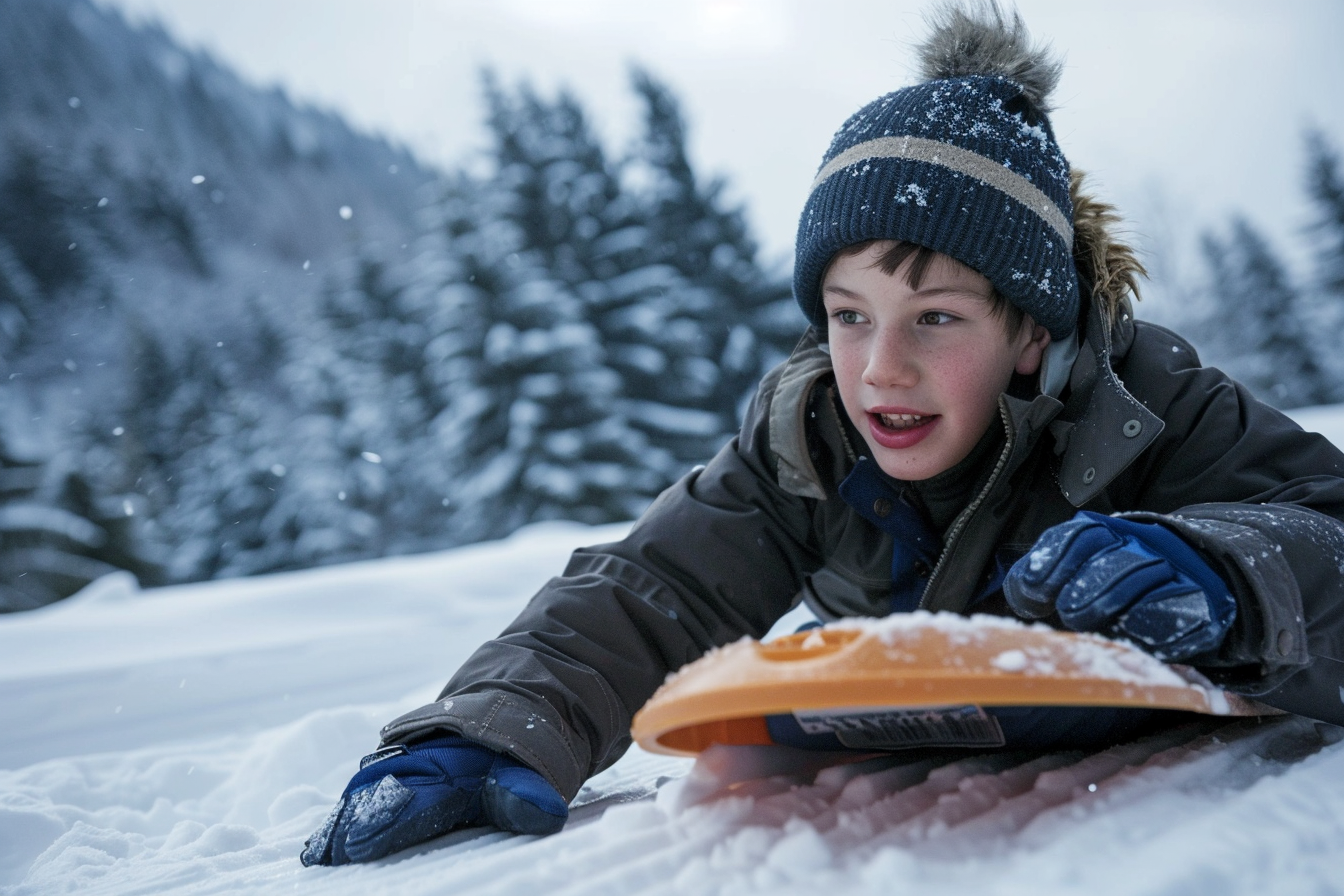 Image gratuite Adolescent descendant une colline enneigée en luge 1