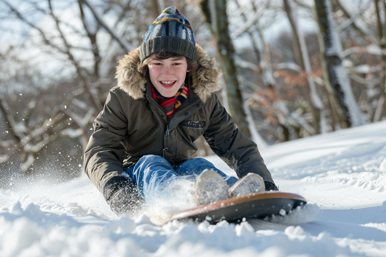 Image gratuite Adolescent descendant une colline enneigée en luge 2