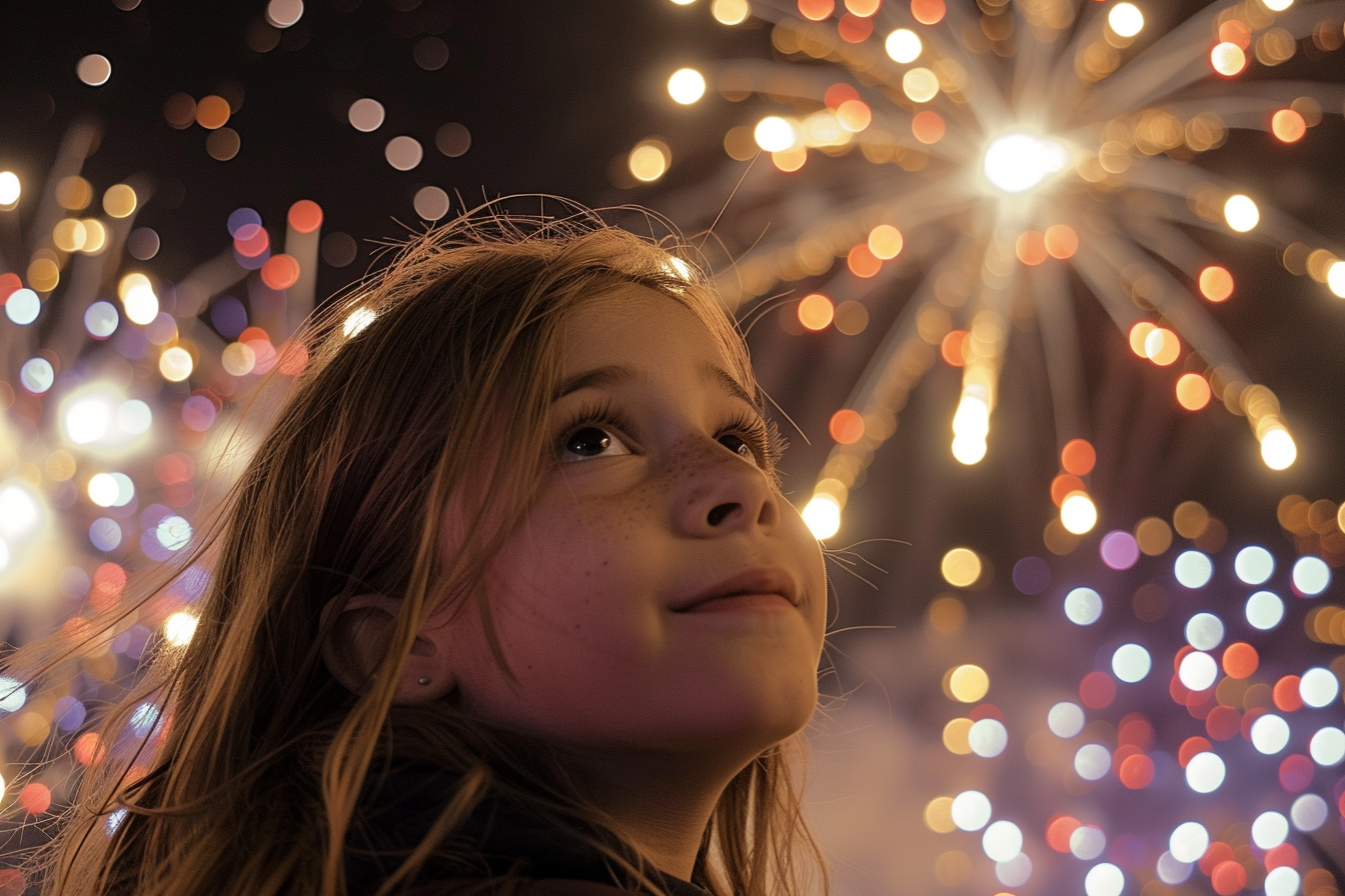 Image gratuite Adolescente admirant les feux d&rsquo;artifice du 14 juillet 1
