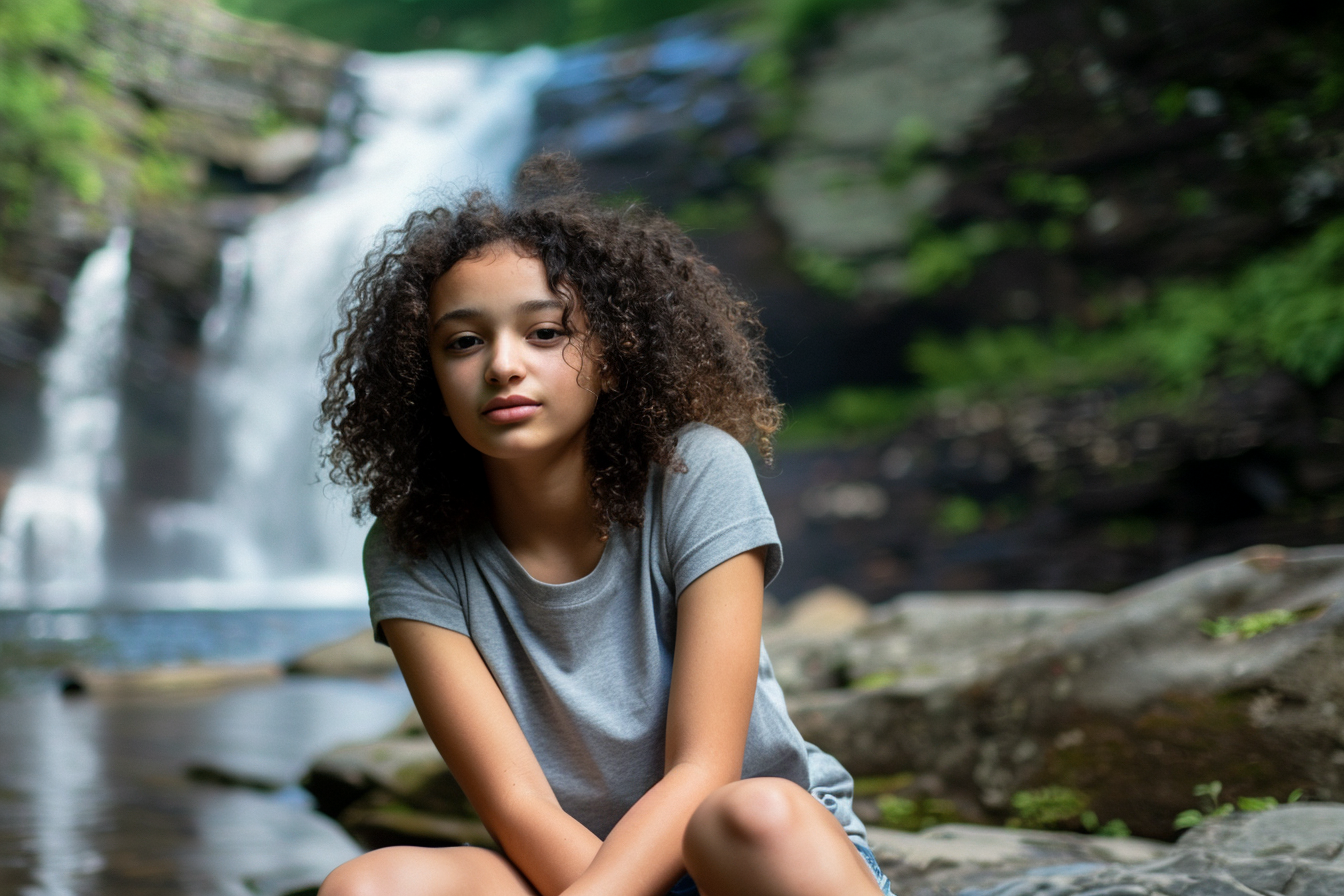Image gratuite Adolescente assise avec une cascade en arrière-plan 2