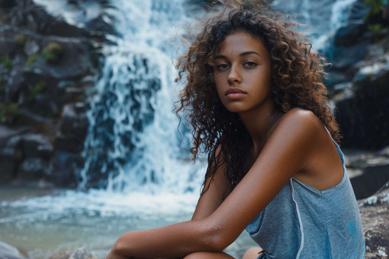 Image gratuite Adolescente assise avec une cascade en arrière-plan 3