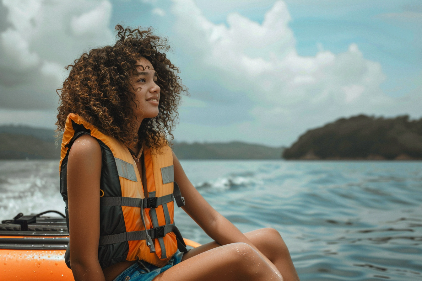 Image gratuite Adolescente assise sur le bord d&rsquo;un bateau avec les pieds dans l&rsquo;eau 2
