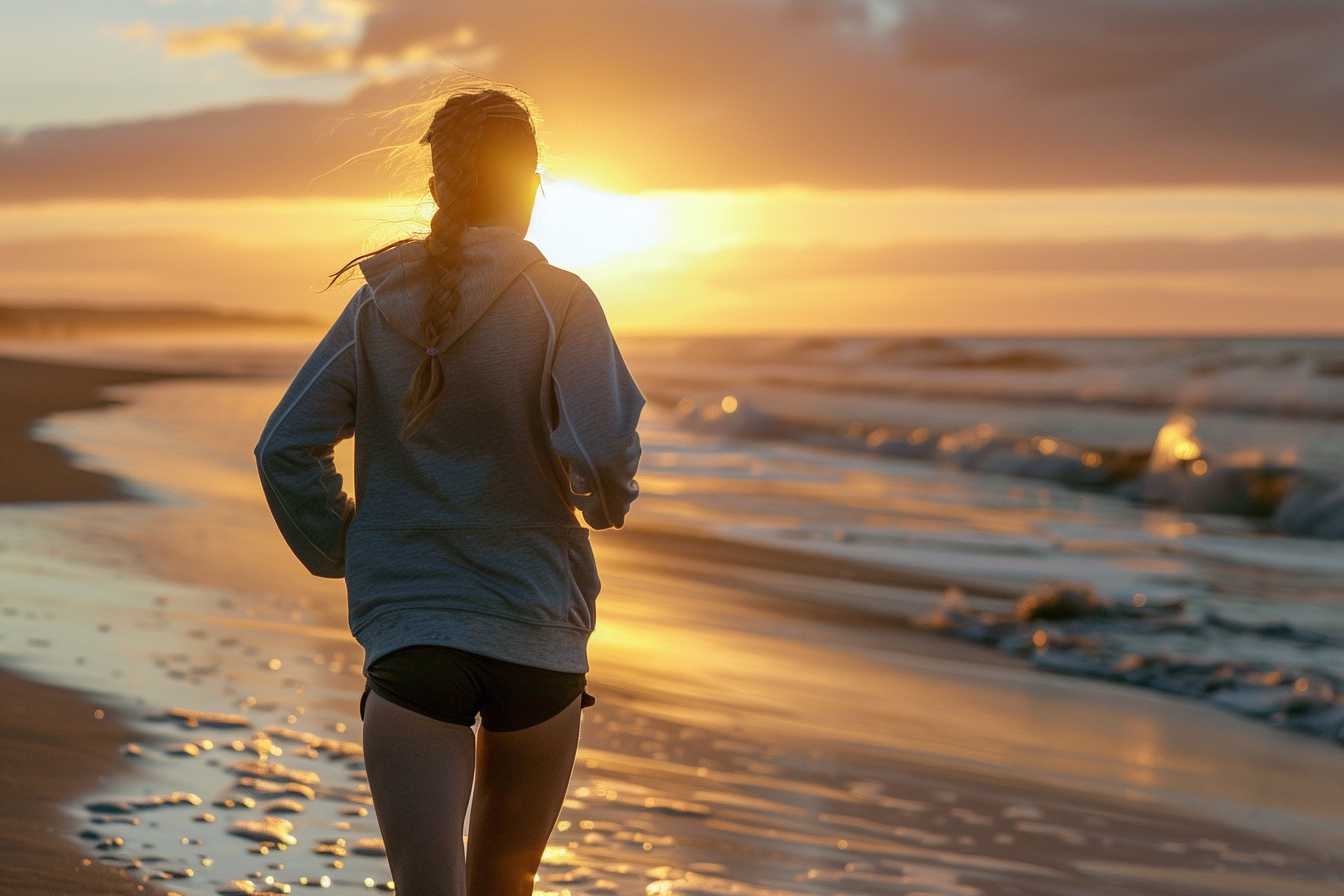 Image gratuite Adolescente courant le long de la plage au coucher du soleil 1