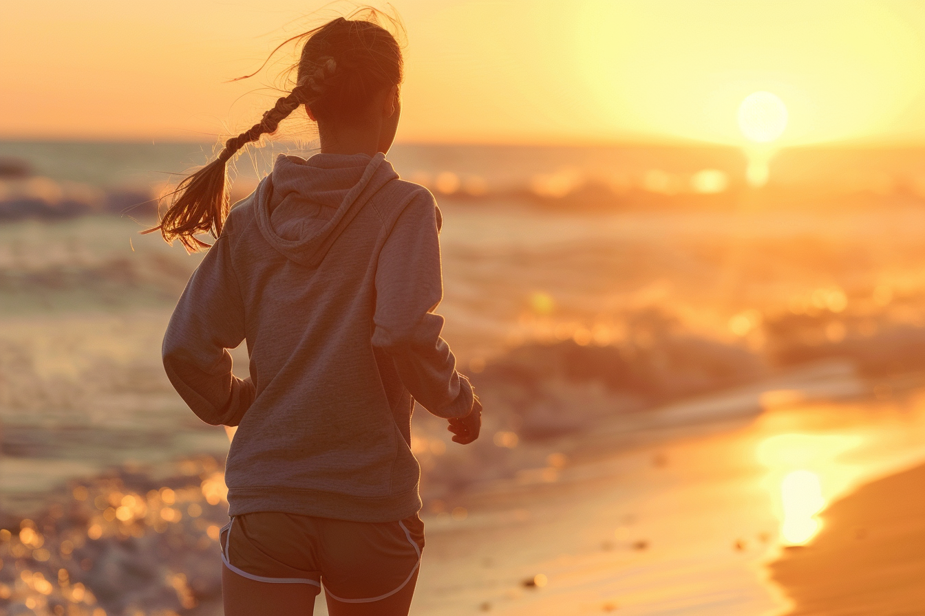 Image gratuite Adolescente courant le long de la plage au coucher du soleil 4
