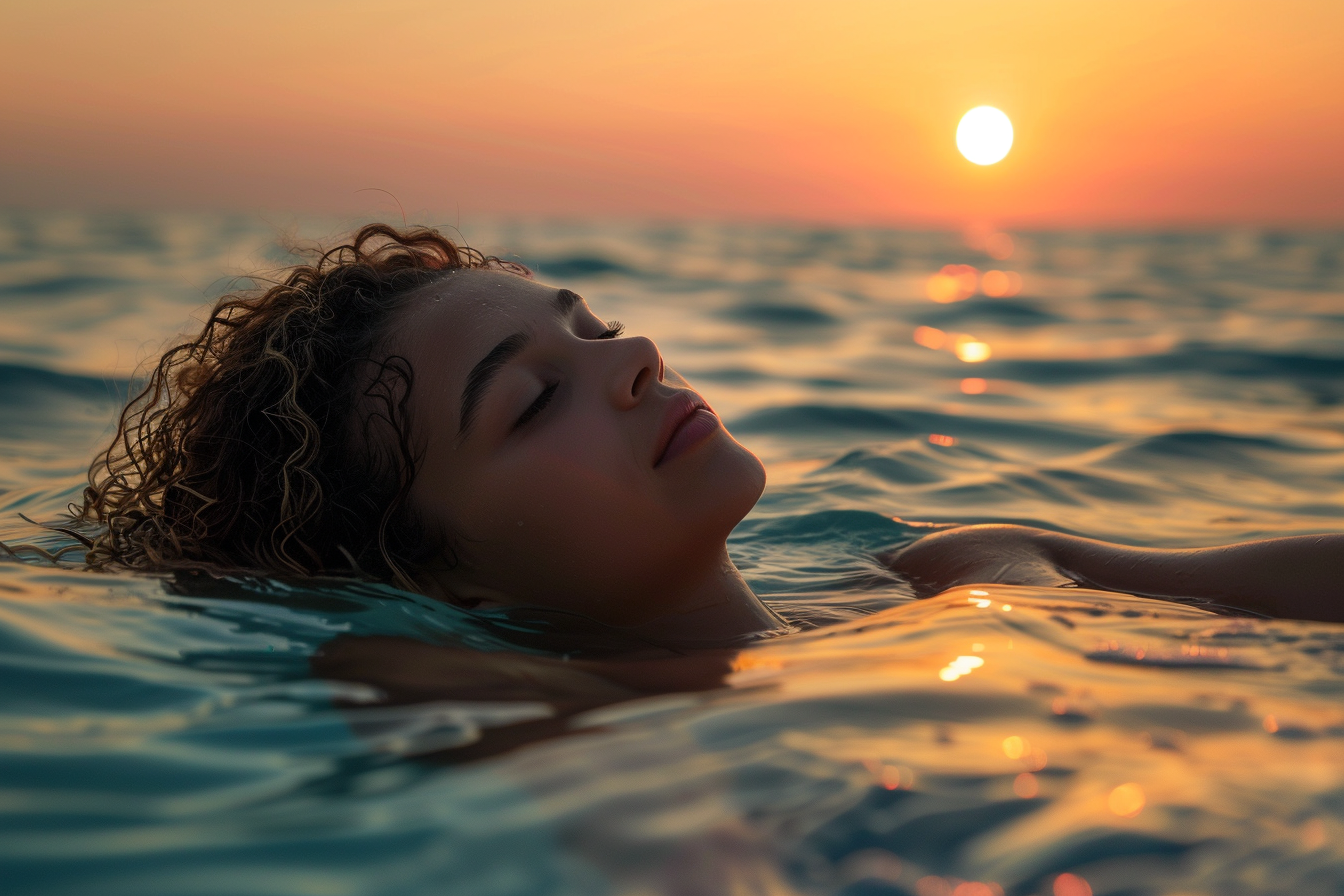 Image gratuite Adolescente flottant sur le dos dans la mer au coucher du soleil 2
