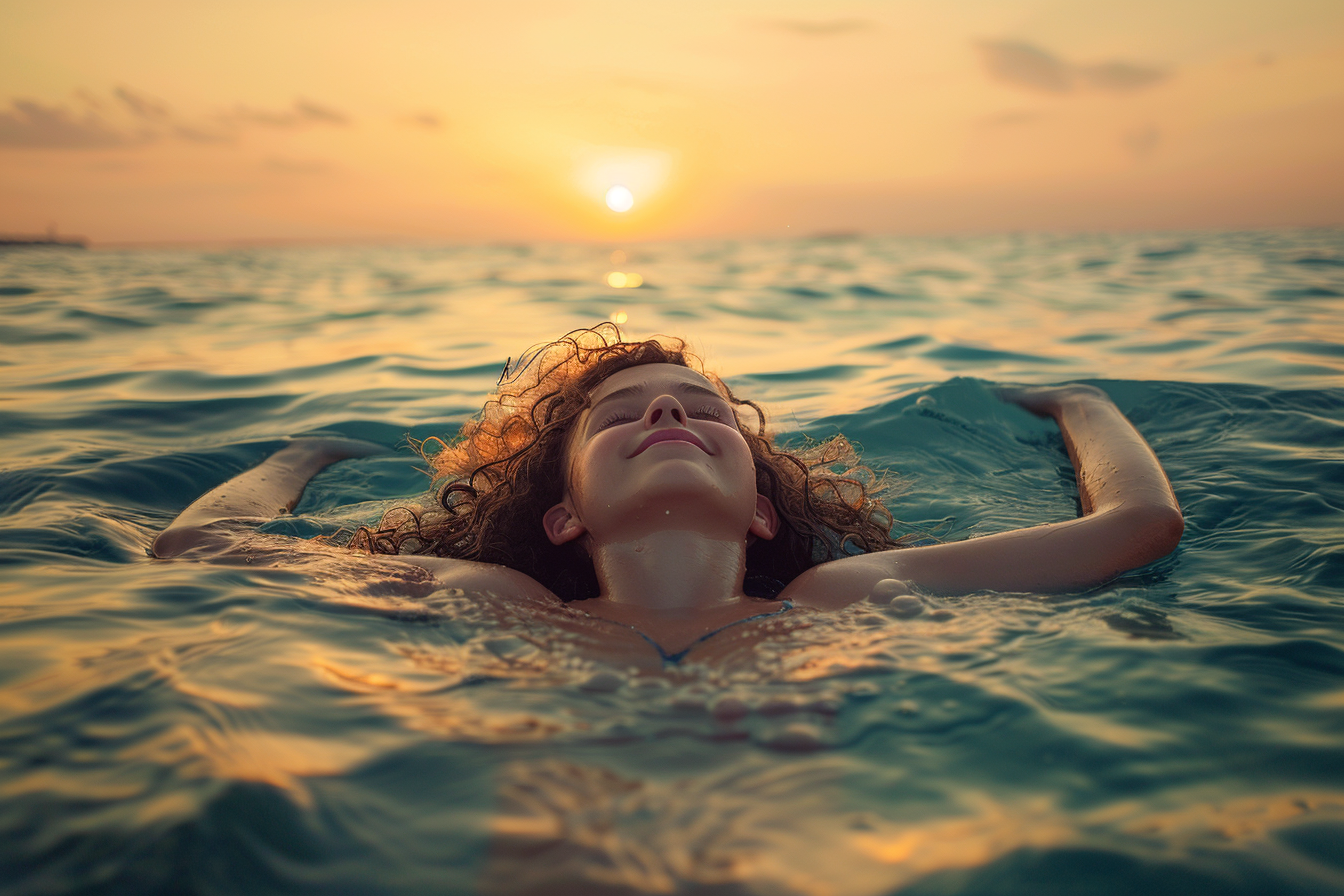 Image gratuite Adolescente flottant sur le dos dans la mer au coucher du soleil 3
