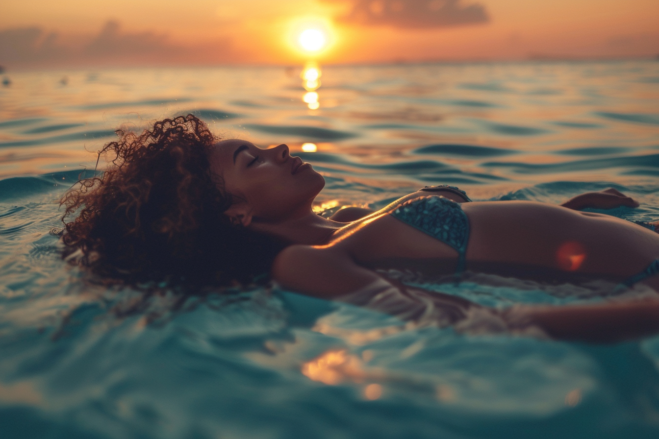 Image gratuite Adolescente flottant sur le dos dans la mer au coucher du soleil 4