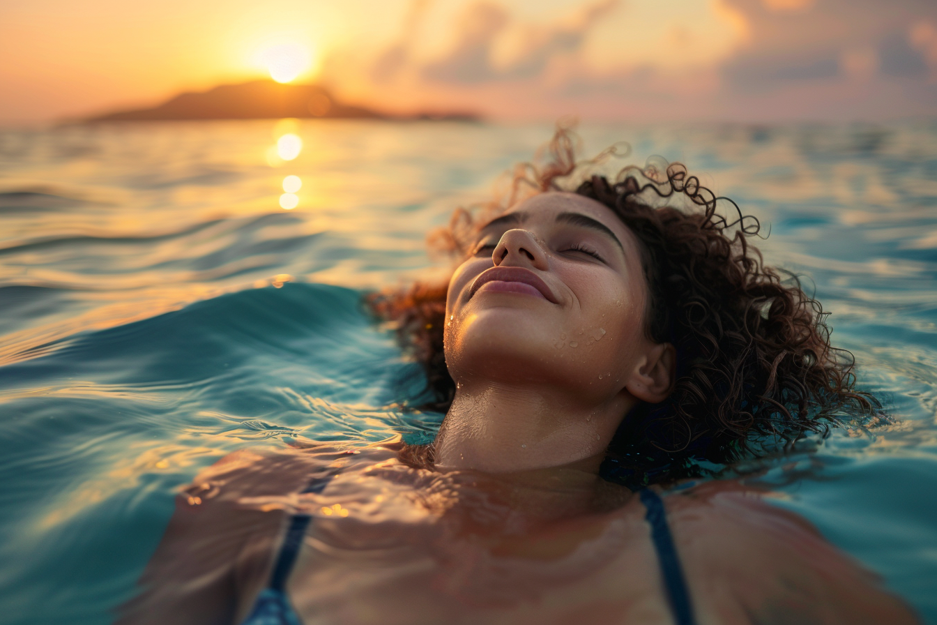 Image gratuite Adolescente flottant sur le dos dans la mer au coucher du soleil 5
