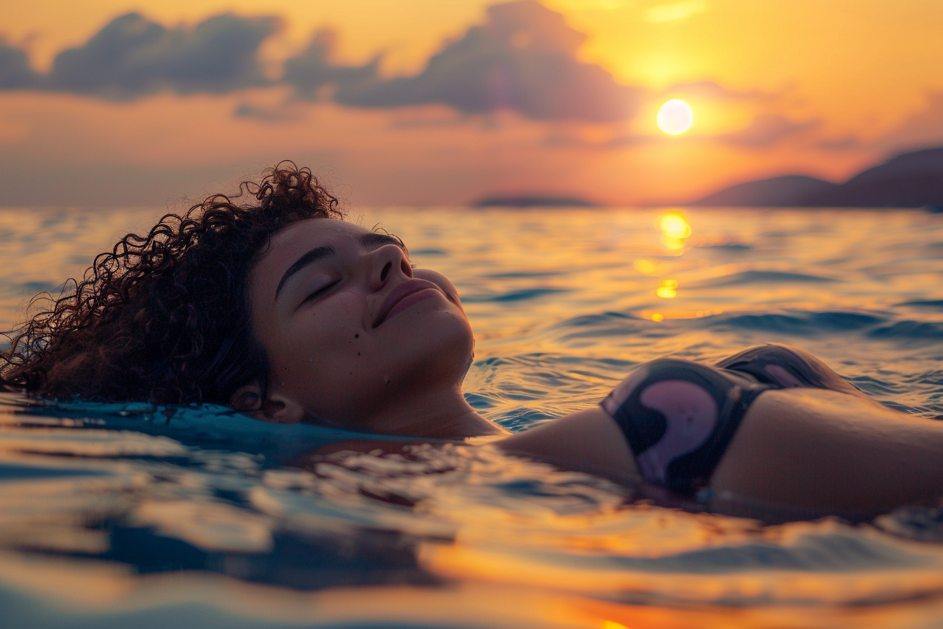 Image gratuite Adolescente flottant sur le dos dans la mer au coucher du soleil 6