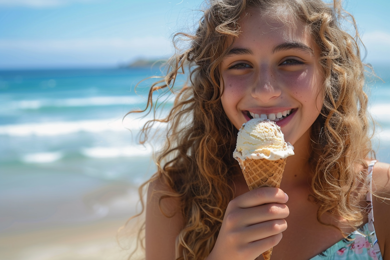 Image gratuite Adolescente mangeant une glace avec l&rsquo;océan en arrière-plan 1