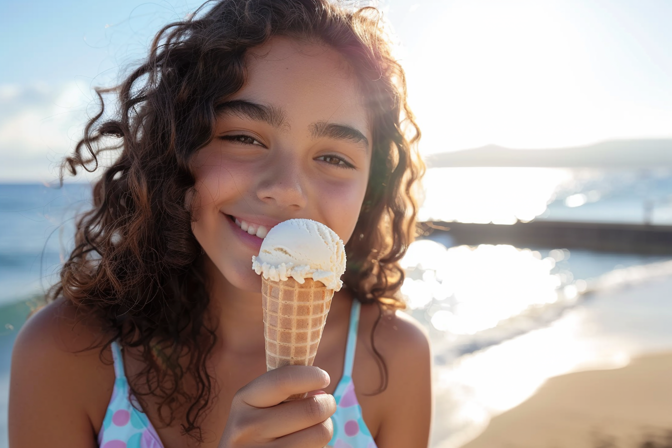 Image gratuite Adolescente mangeant une glace avec l&rsquo;océan en arrière-plan 10