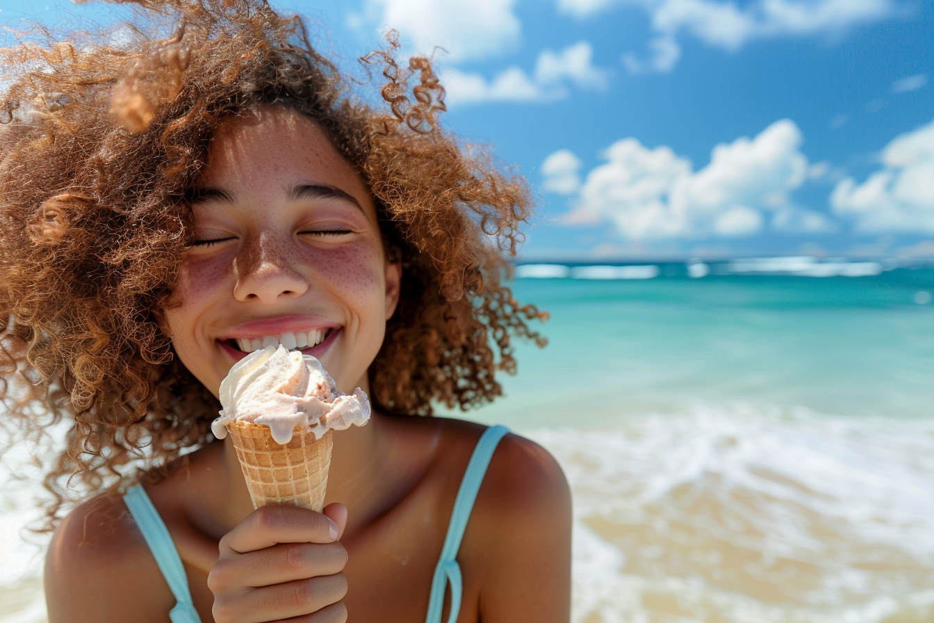 Image gratuite Adolescente mangeant une glace avec l&rsquo;océan en arrière-plan 2