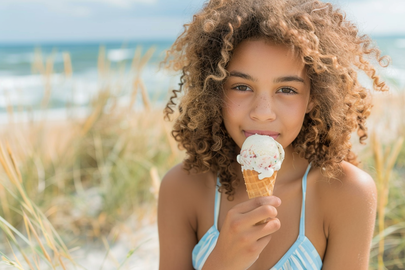 Image gratuite Adolescente mangeant une glace avec l&rsquo;océan en arrière-plan 3