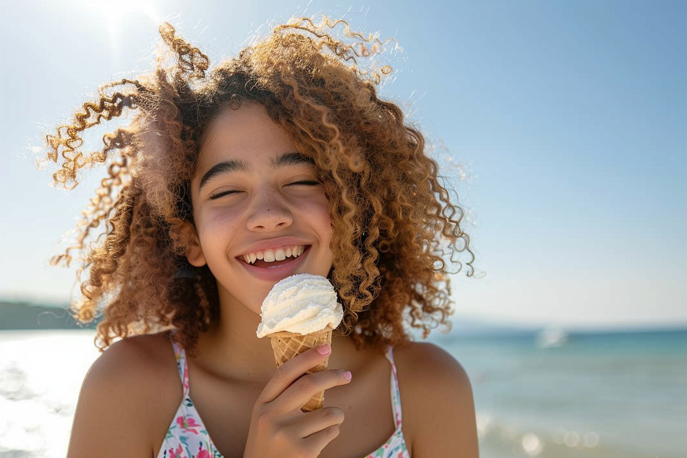 Image gratuite Adolescente mangeant une glace avec l&rsquo;océan en arrière-plan 5