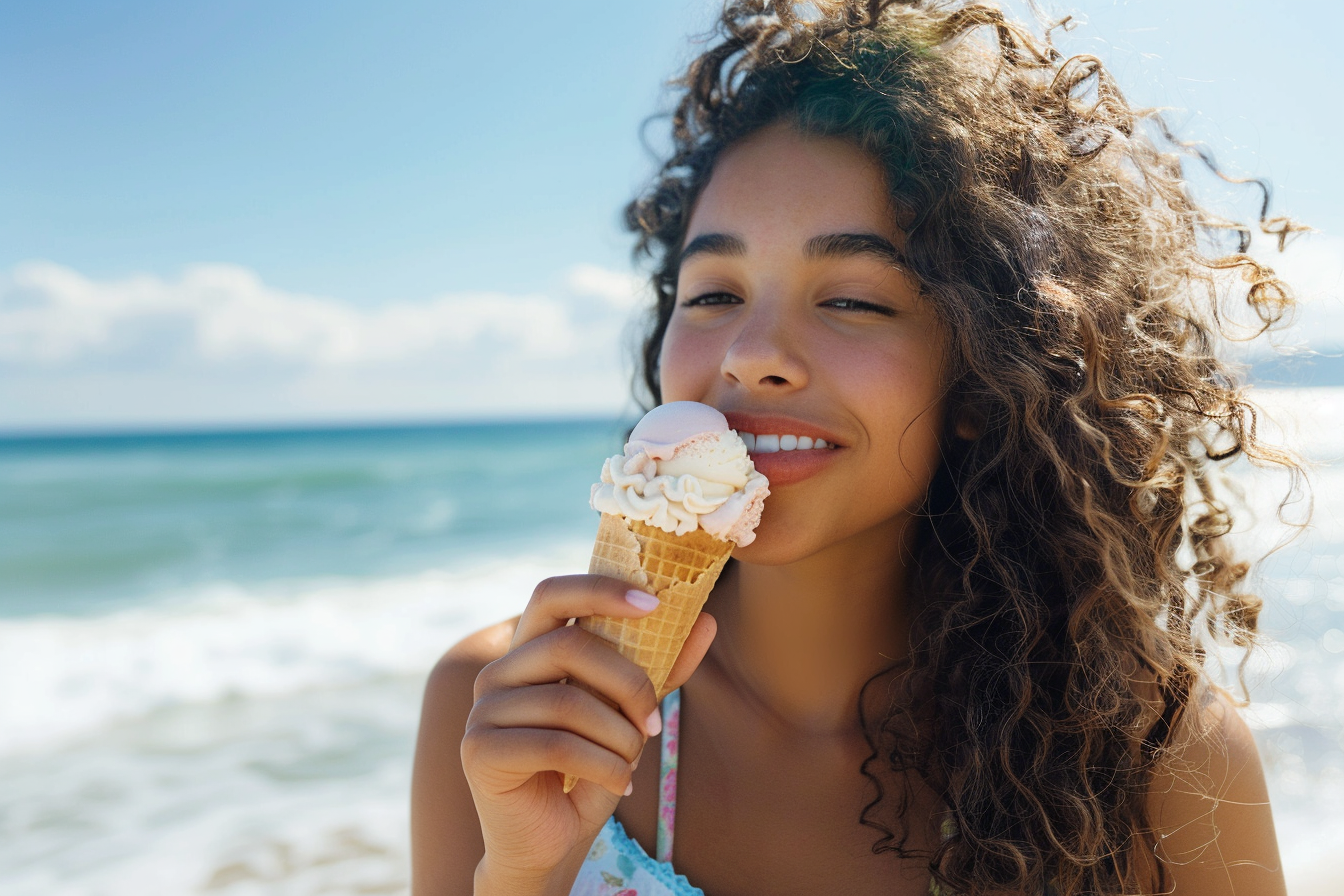 Image gratuite Adolescente mangeant une glace avec l&rsquo;océan en arrière-plan 6