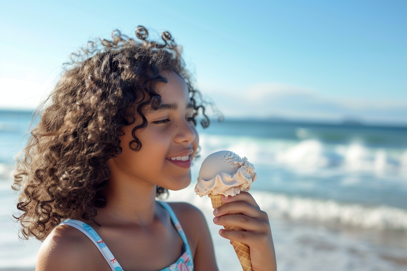 Image gratuite Adolescente mangeant une glace avec l&rsquo;océan en arrière-plan 7