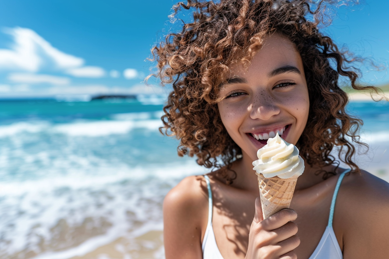 Image gratuite Adolescente mangeant une glace avec l&rsquo;océan en arrière-plan 8