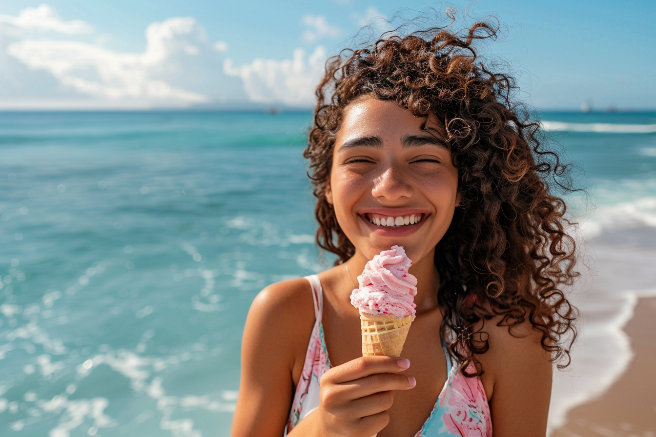 Image gratuite Adolescente mangeant une glace avec l&rsquo;océan en arrière-plan 9