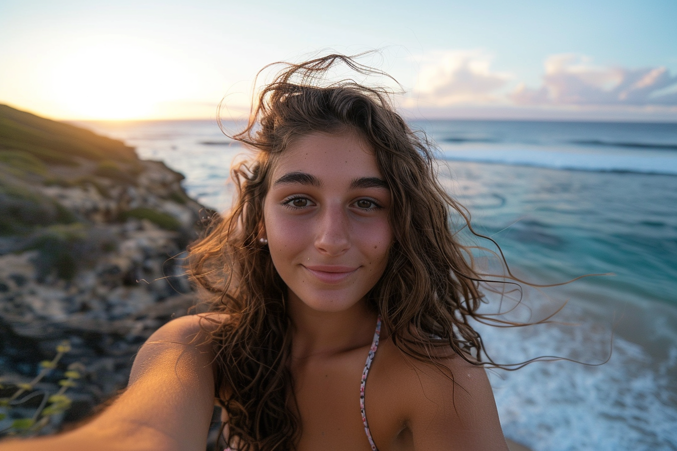 Image gratuite Adolescente prenant un selfie à la mer 1