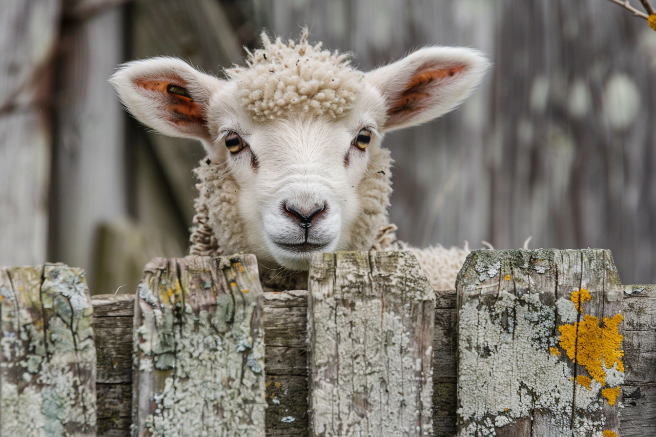 Image gratuite Agneau curieux sur clôture en bois 1