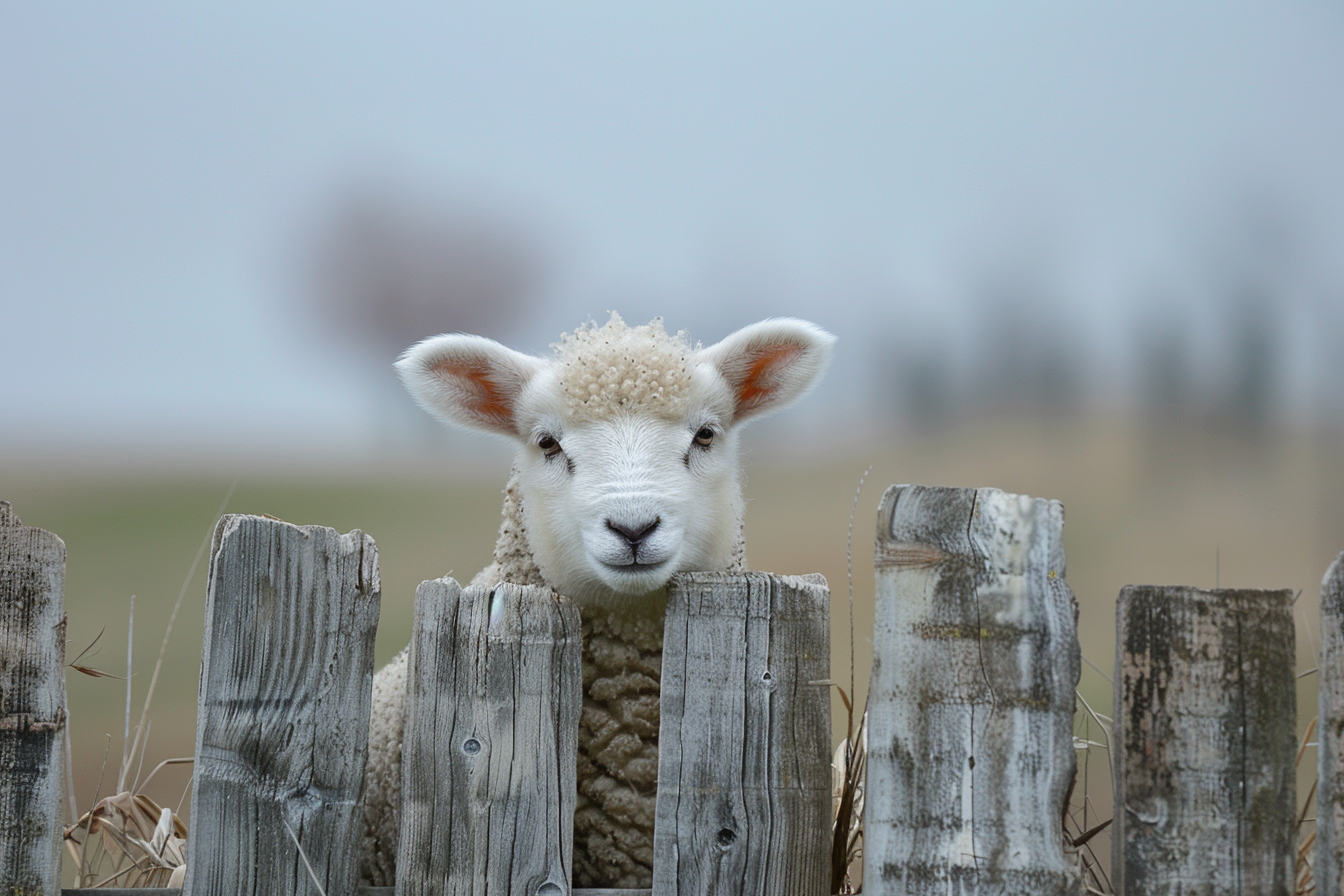 Image gratuite Agneau curieux sur clôture en bois 2