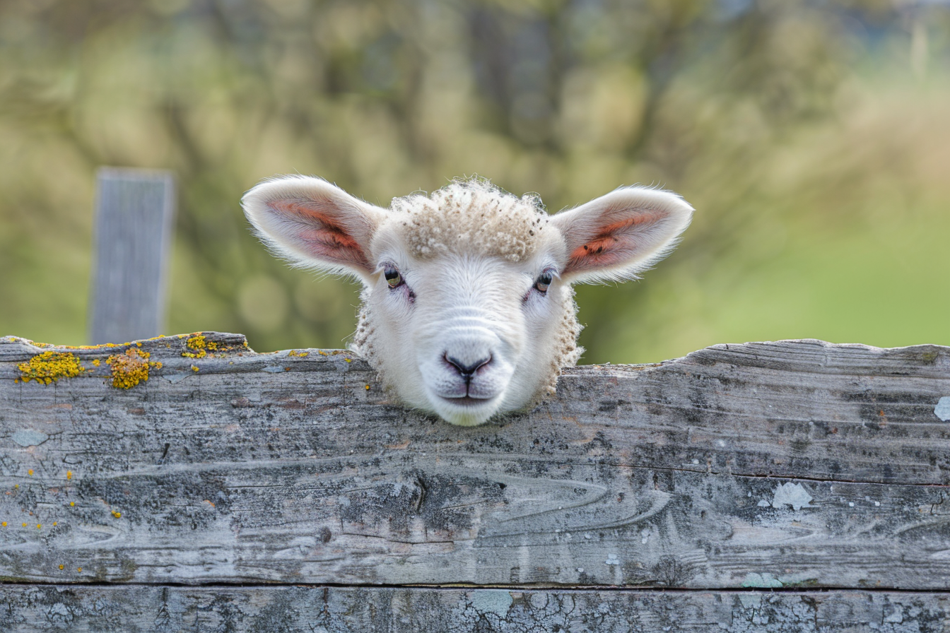 Image gratuite Agneau curieux sur clôture en bois 3