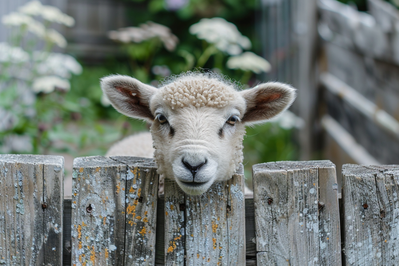 Image gratuite Agneau curieux sur clôture en bois 4