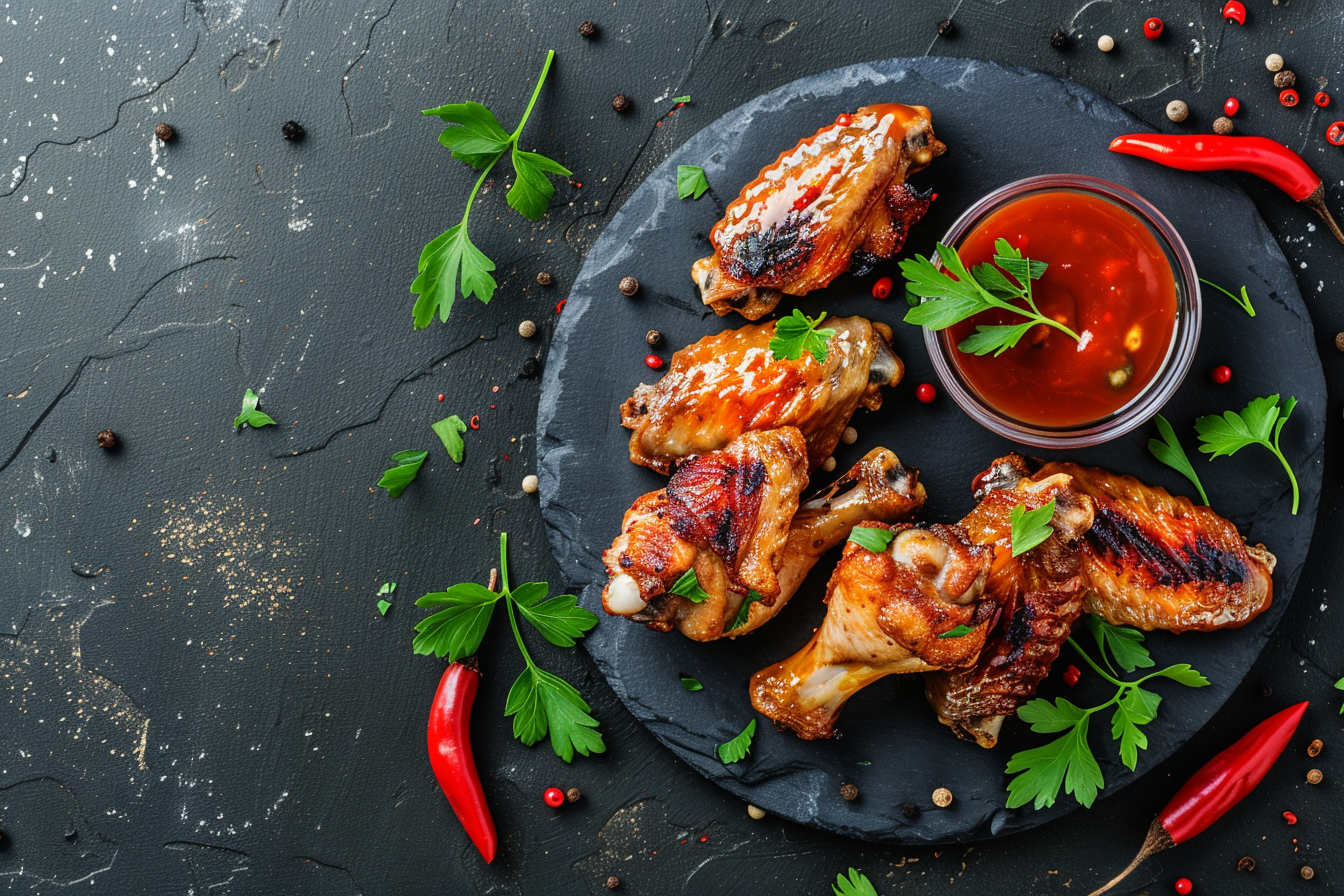 Image gratuite Ailes de poulet avec sauce sur fond sombre 1