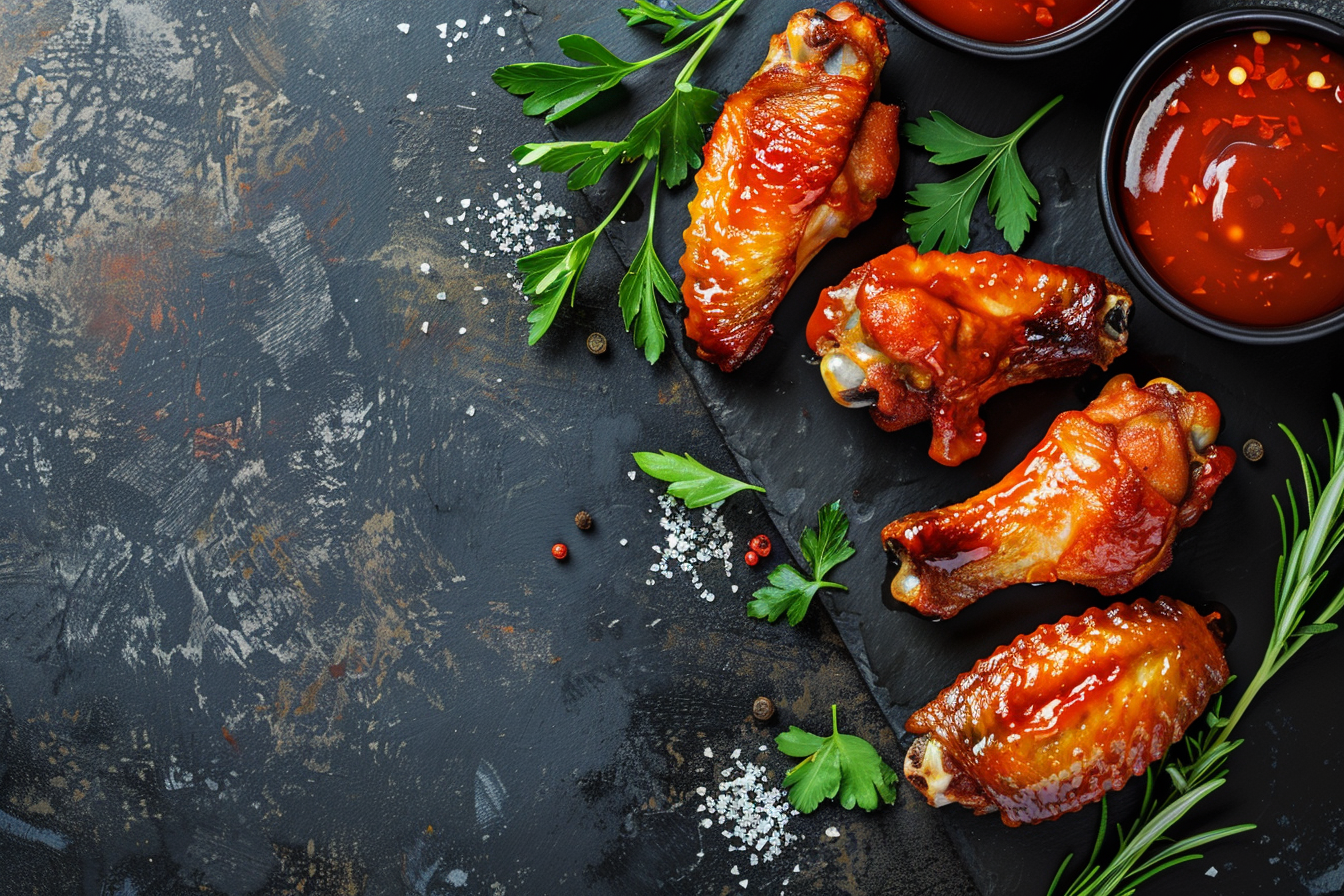 Image gratuite Ailes de poulet avec sauce sur fond sombre 3