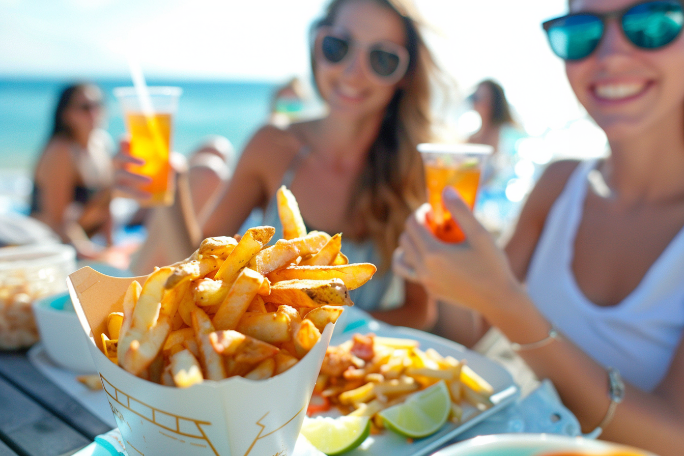 Image gratuite Amis partageant des frites à la plage 1