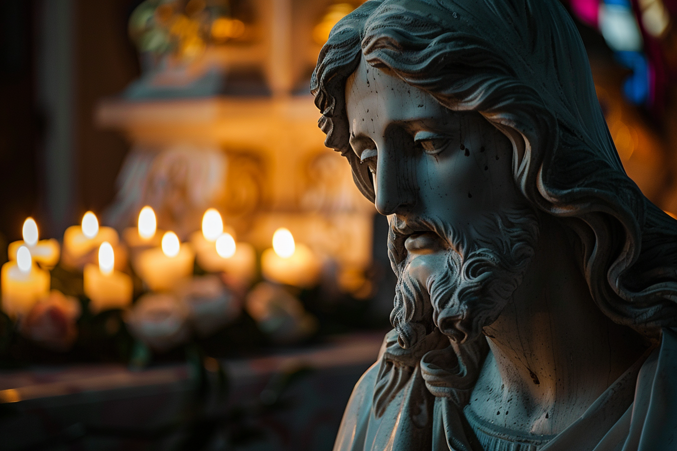 Image gratuite Angle latéral sculpture Christ, douce lumière bougies 2