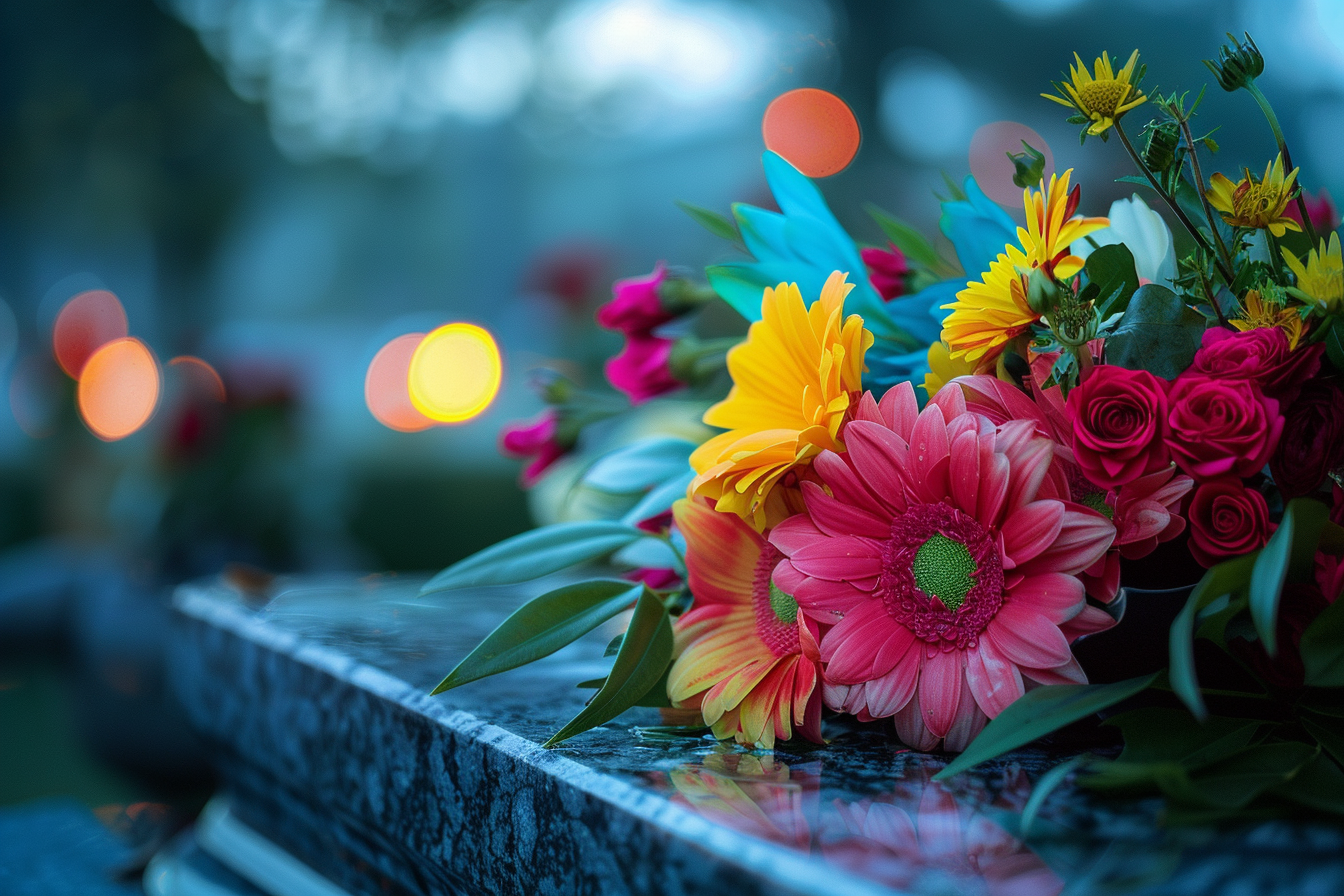 Image gratuite Arrangement vibrant de fleurs sur une tombe en marbre 1