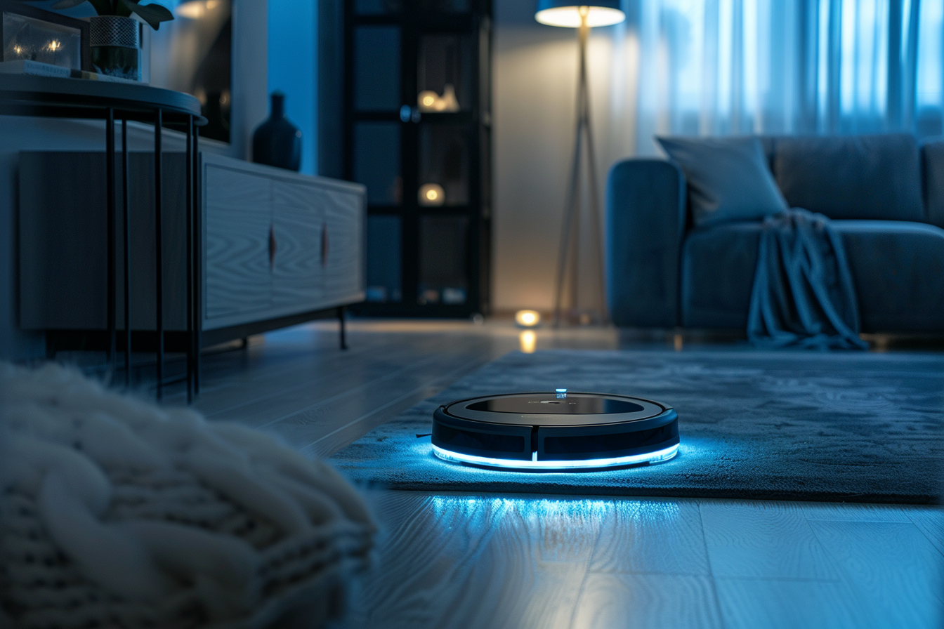 Image gratuite Aspirateur robot dans salon moderne 1