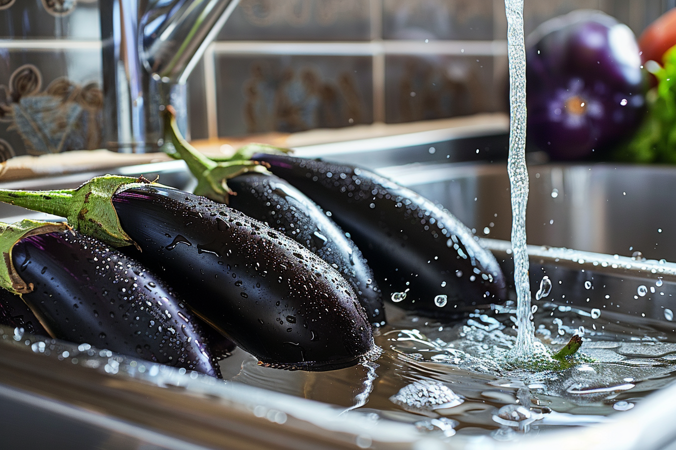Image gratuite Aubergines lavées sous eau courante 1