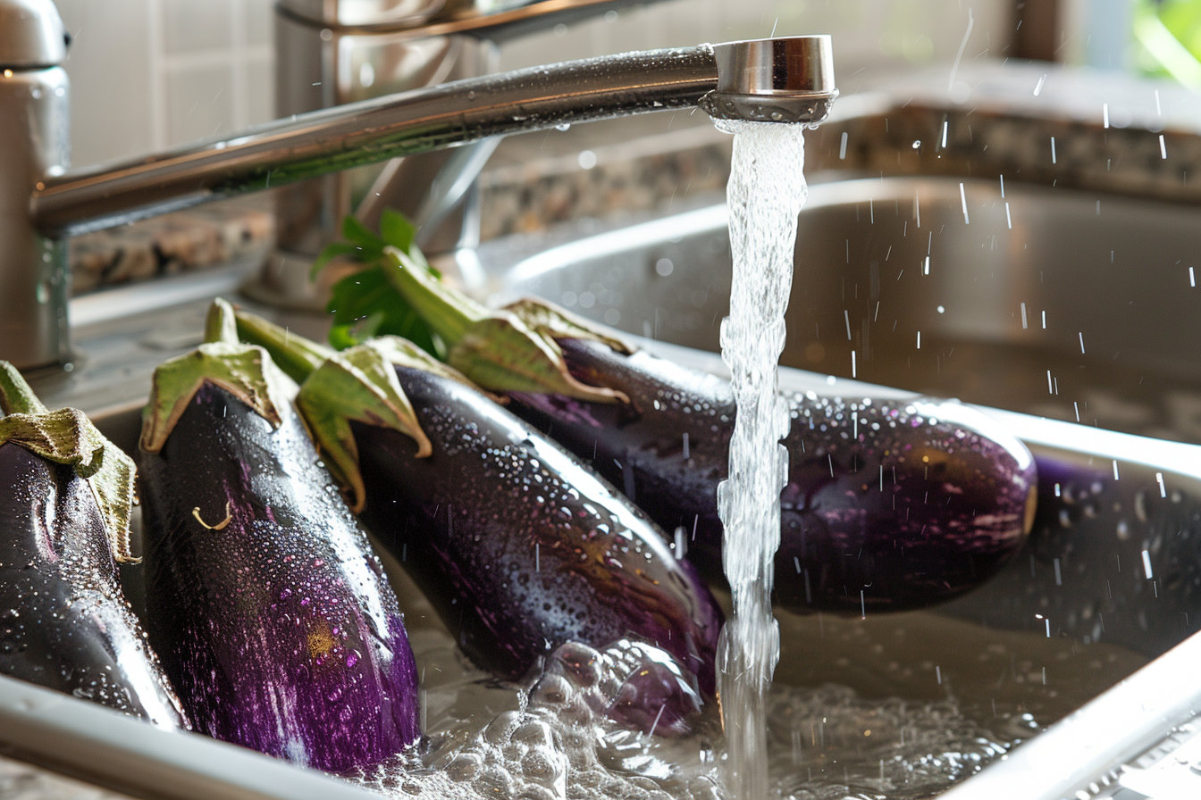 Image gratuite Aubergines lavées sous eau courante 2
