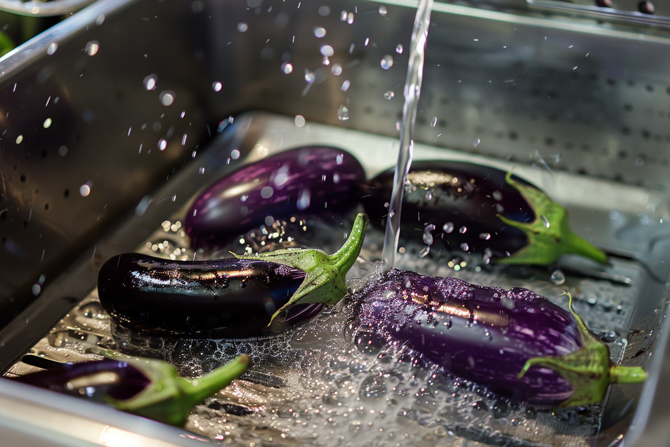 Image gratuite Aubergines lavées sous eau courante 3