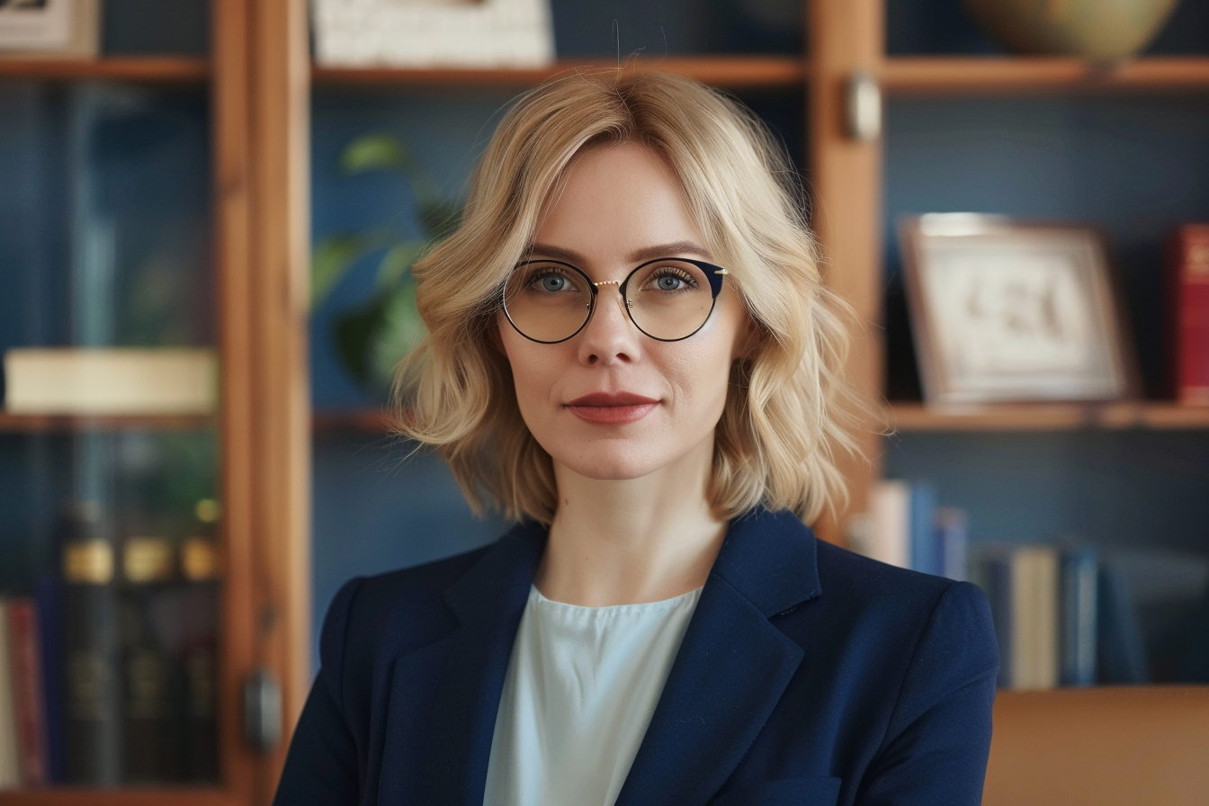 Image gratuite Avocate blonde en costume bleu 1