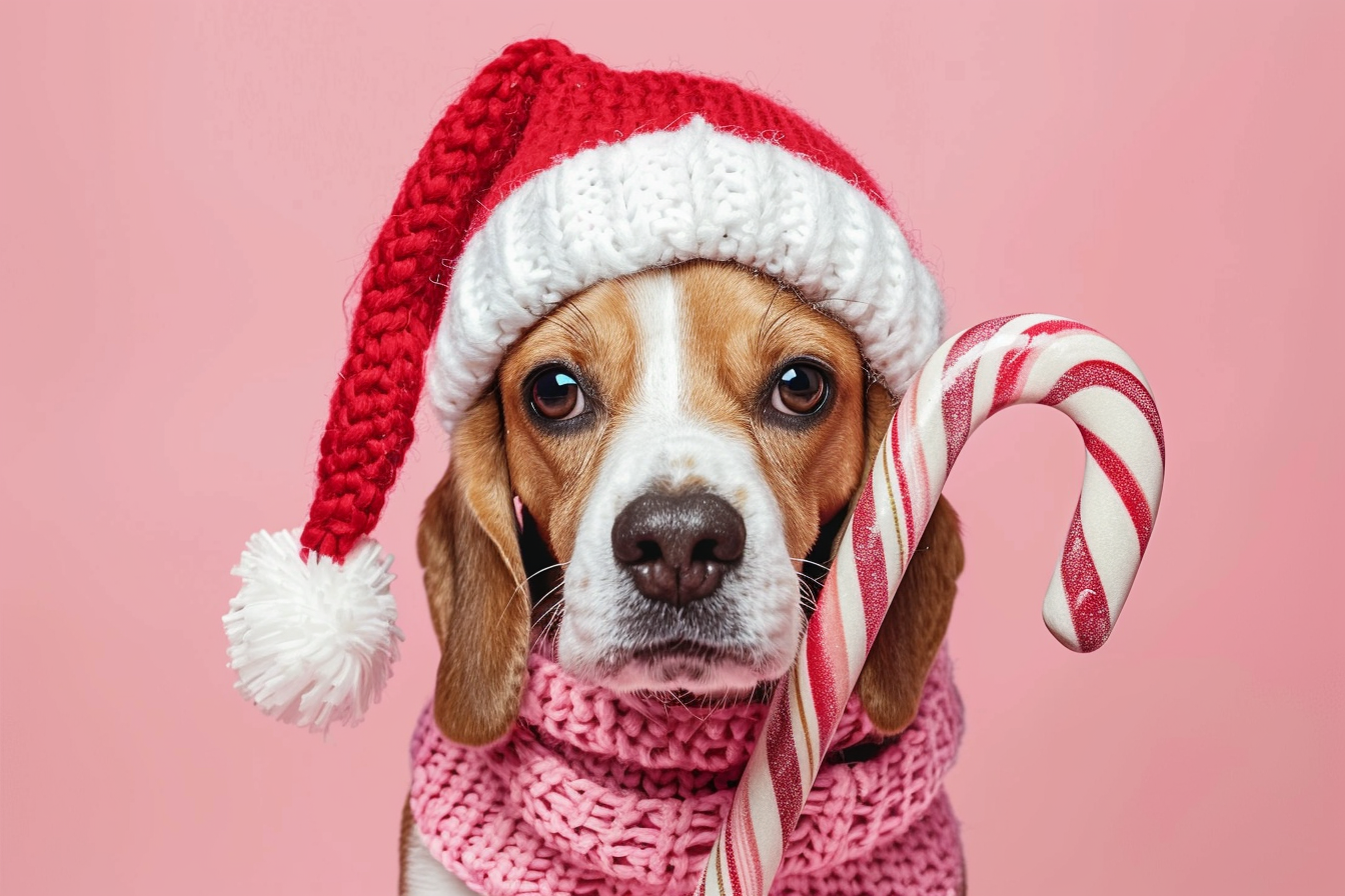 Image gratuite Beagle déguisé en canne à sucre sur fond rose sucré 1