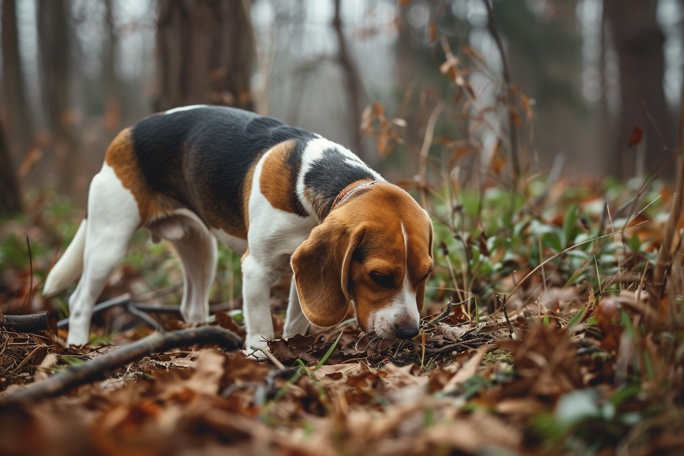 Image gratuite Beagle reniflant dans une forêt 1