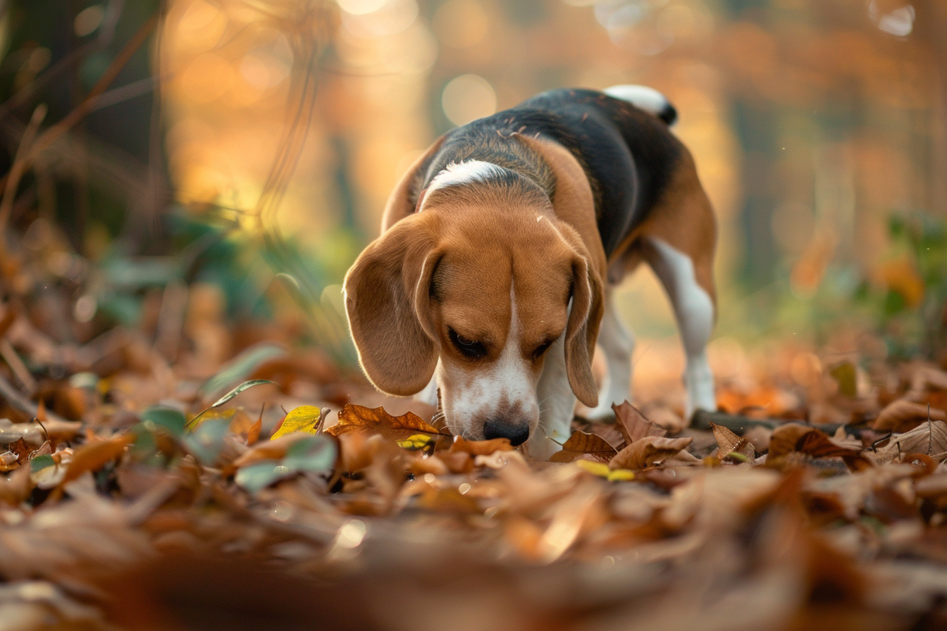 Image gratuite Beagle reniflant dans une forêt 2