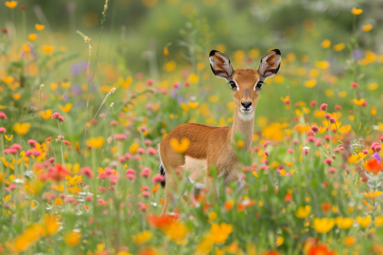 Image gratuite Bébé antilope jouant dans champ de fleurs 1