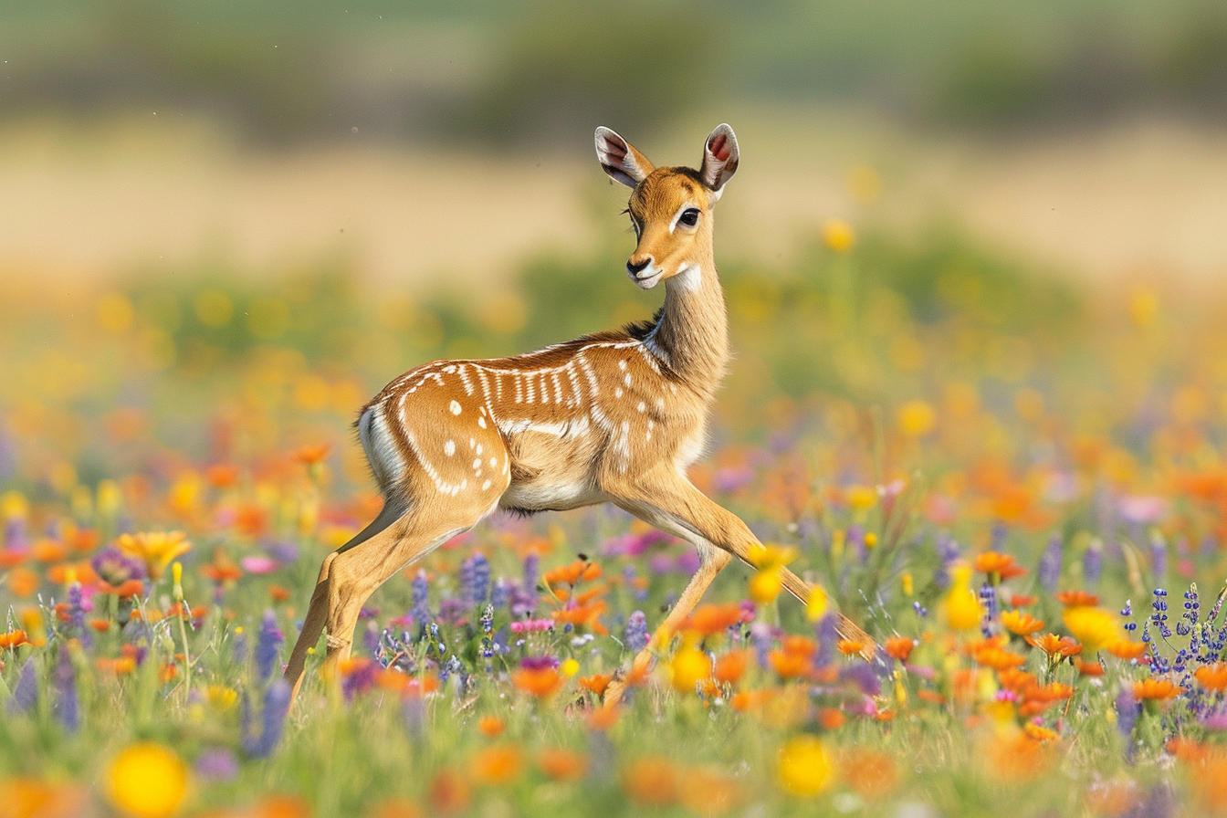 Image gratuite Bébé antilope jouant dans champ de fleurs 2