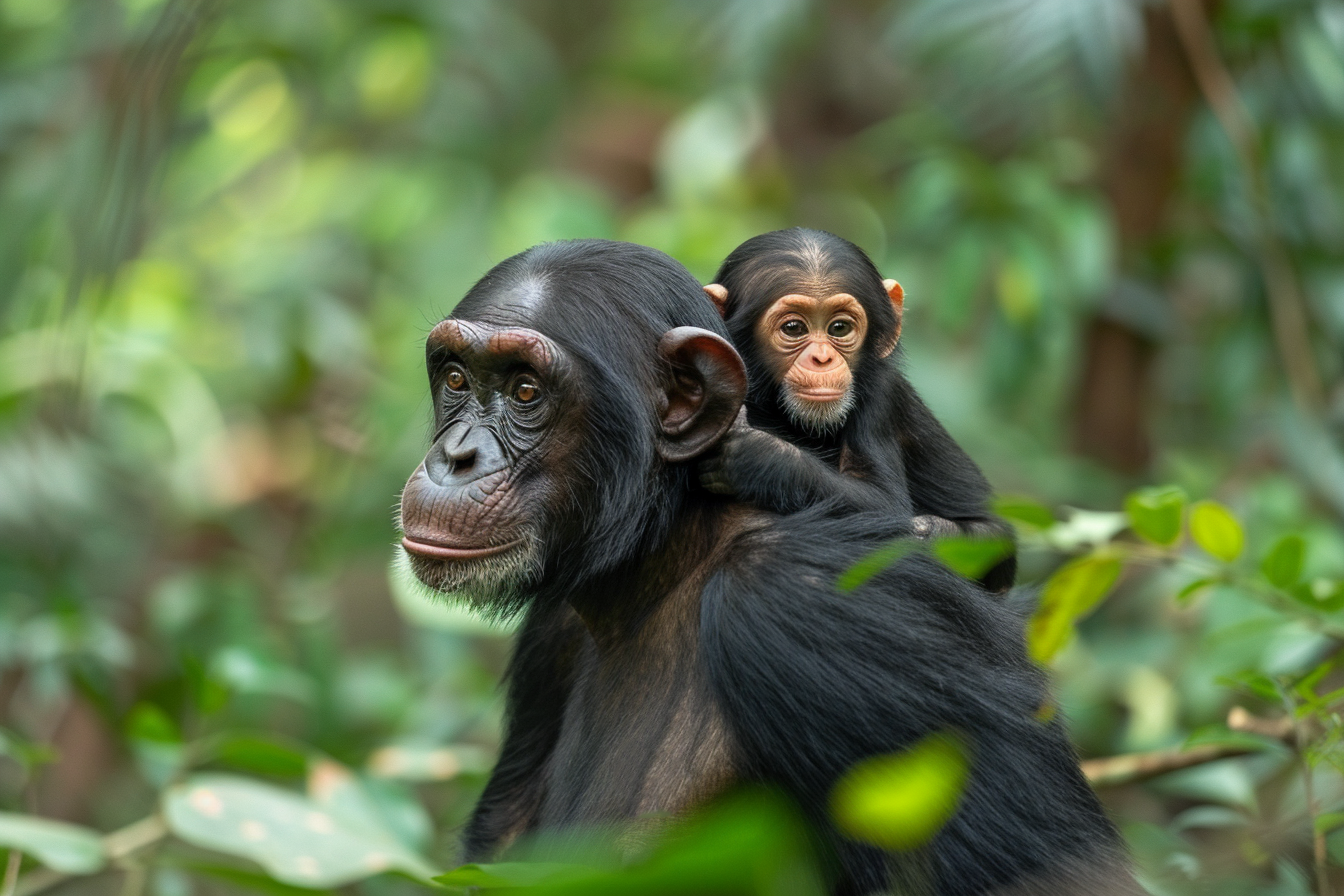 Image gratuite Bébé chimpanzé chevauchant sa mère 1